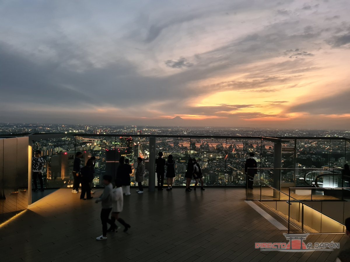 Atardecer sobre Tokio visto desde la azotea de Shibuya Sky, con el monte Fuji al fondo.