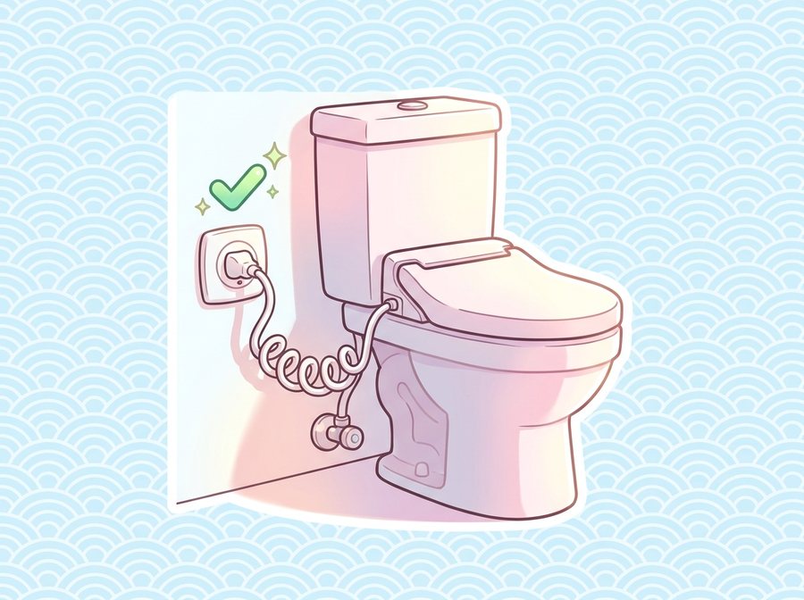 Ilustración de un inodoro con tapa inteligente conectado a un enchufe de pared cercano