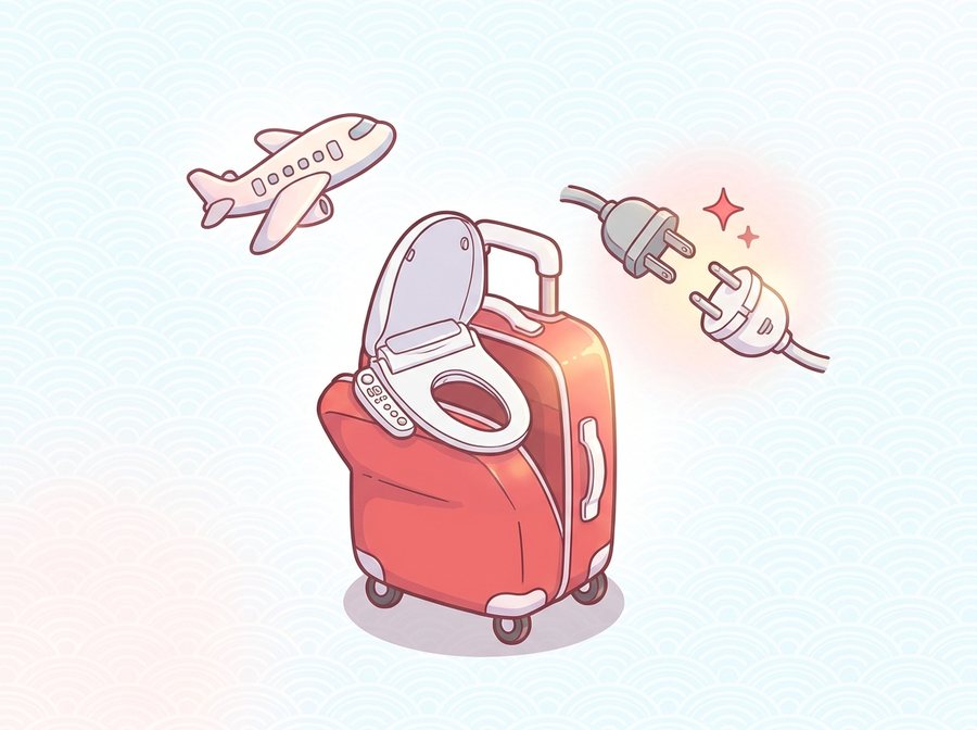Ilustración de una maleta con una tapa de inodoro inteligente dentro y dos enchufes de distinto tipo, para ilustrar que traerlo de Japón no es buena idea