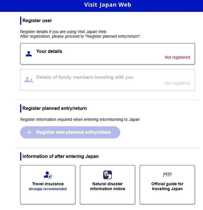 Pantalla principal de Visit Japan Web con los apartados Your details, Details of family members traveling with you y Register planned entry/return, los tres marcados como no registrados.