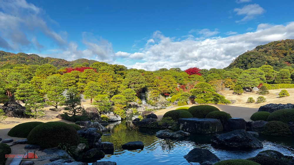 Jardín con pinos, rocas y un estanque en otoño, con montañas al fondo, en el Museo de Arte Adachi.