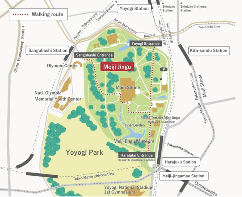 Plano de acceso al santuario Meiji